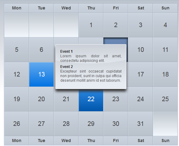 jquery制作简单的日历表格鼠标滑过日期提示当日待办事项