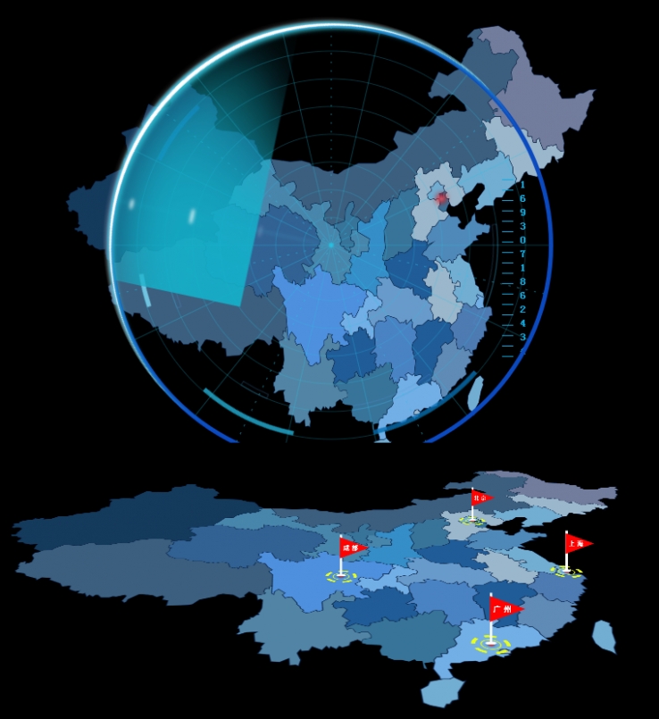 html5 canvas中国地图雷达扫描动画特效