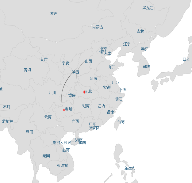 html5 canvas中国地图各省坐标指向北京效果