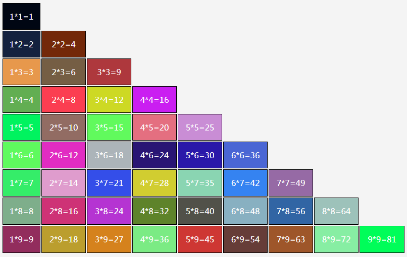 原生js颜色随机生成9x9乘法表代码