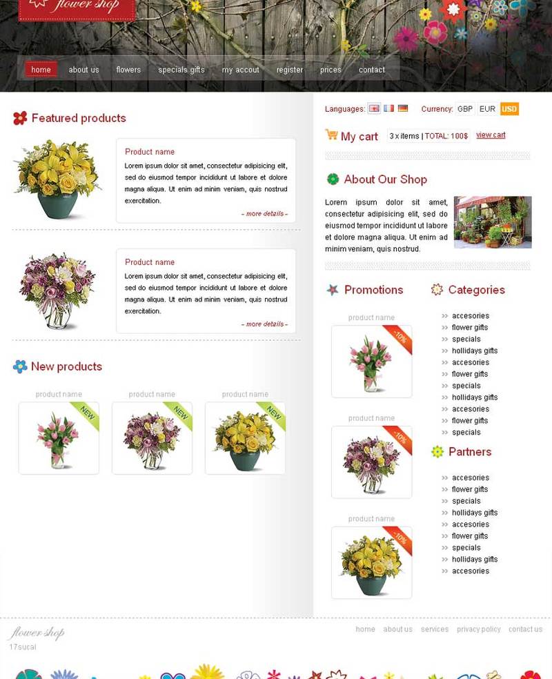 花卉商店网上购物欧美风格的模板下载