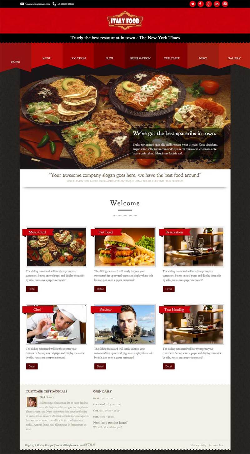餐饮料理网站红色风格的模板下载