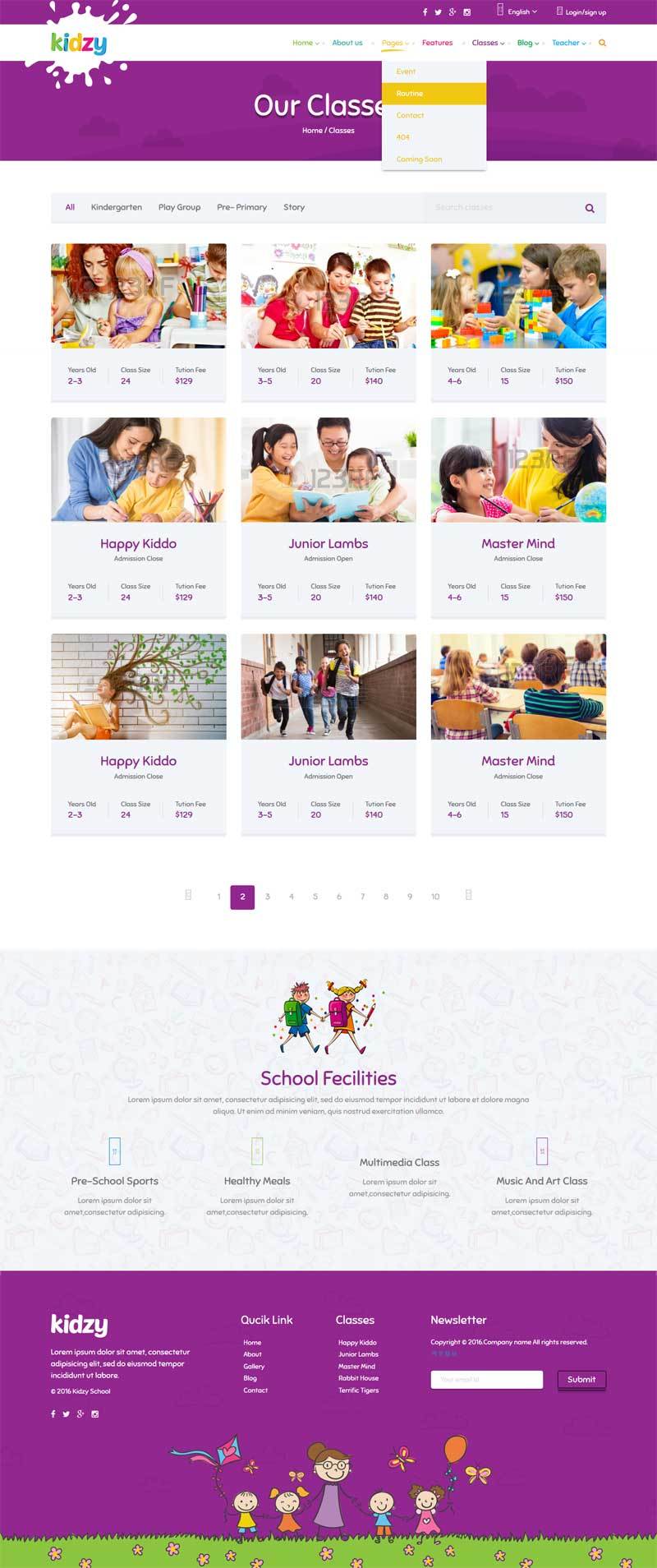 儿童教育培训企业网站紫色卡通风格的模板下载
