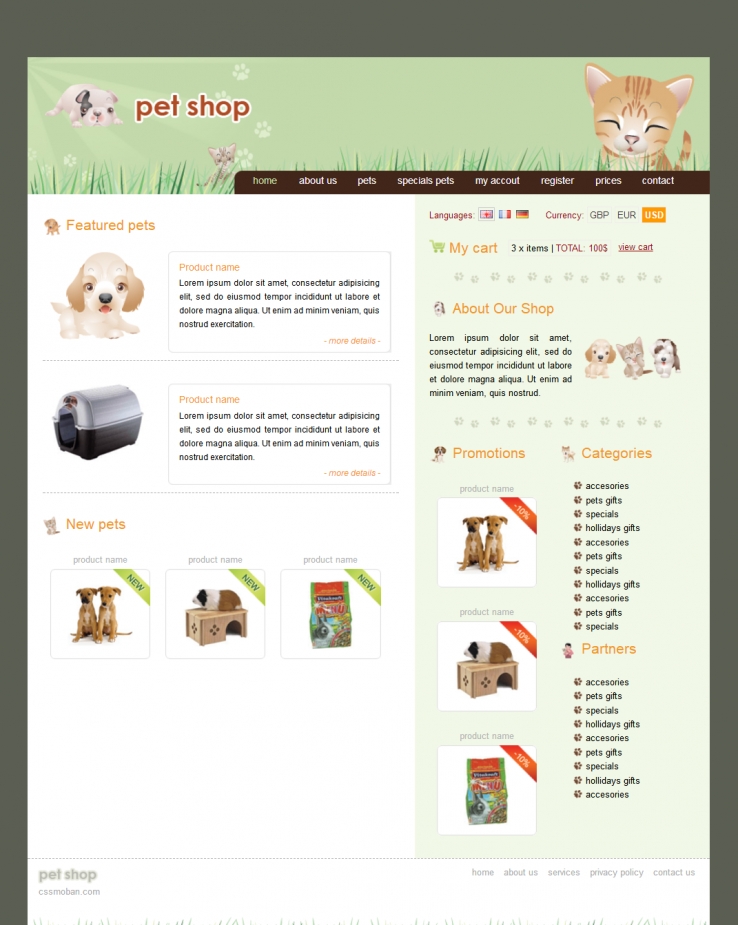 可爱清新风格的宠物网站整站模版