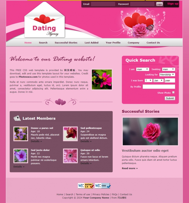 粉红色风格的恋爱交友型网站模板下载
