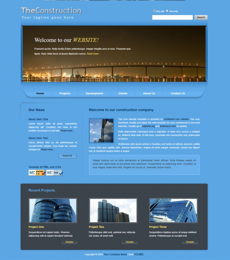 蓝色清新风的建筑类企业网站模板下载