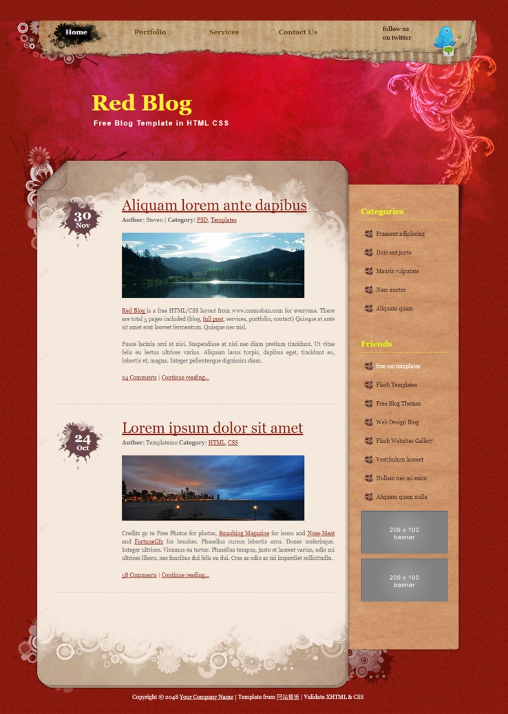 红色花纹复古的博客网站模板下载