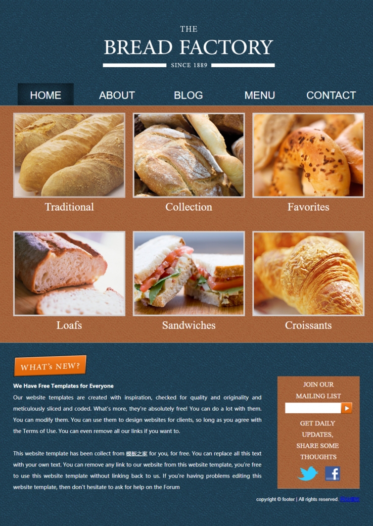 蓝色复古风格的美食面包行业网站模板下载