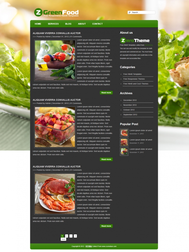 绿色大图背景的食物企业网站模板下载
