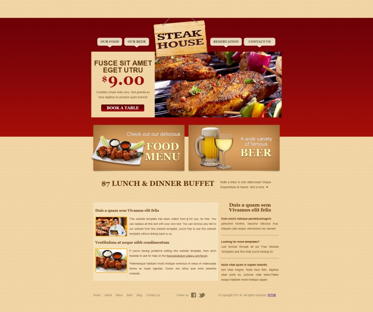 红色设计感强的西餐厅网站模板下载