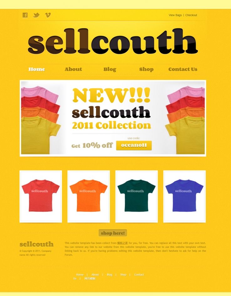 纯黄色精美大气的T恤网店网站模板下载