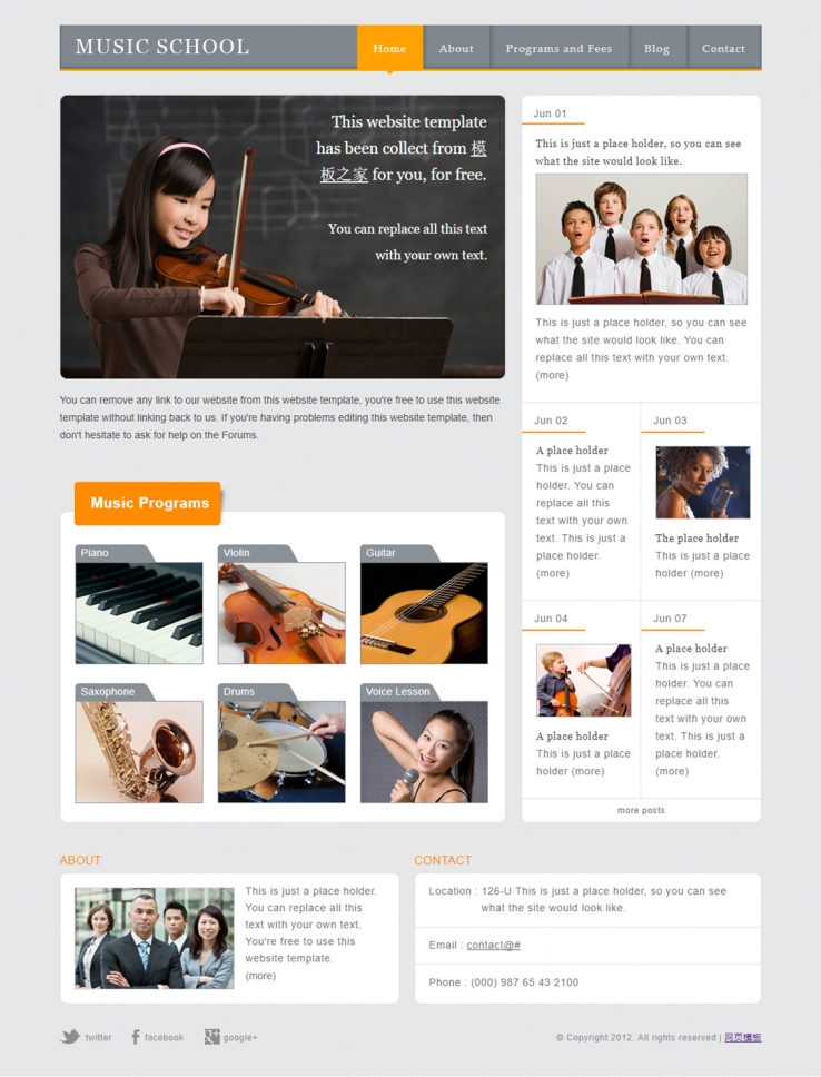 灰色简洁漂亮的音乐学校网站模板下载