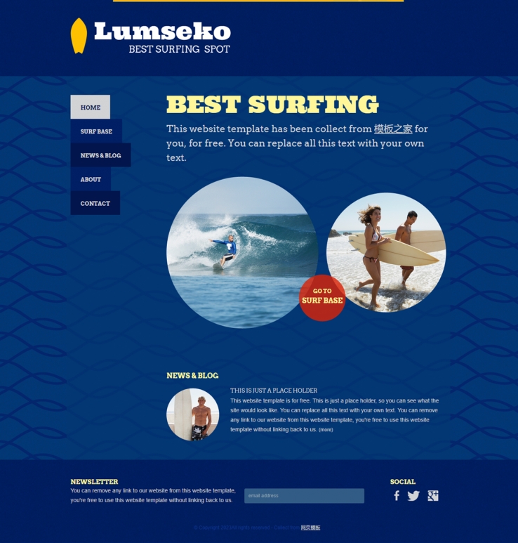 蓝色清新风格的冲浪旅游休闲网站模板下载