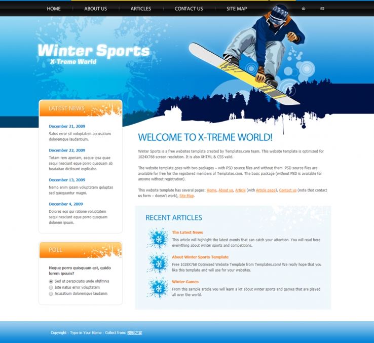 蓝色清新的滑雪极限运动企业网站模板下载