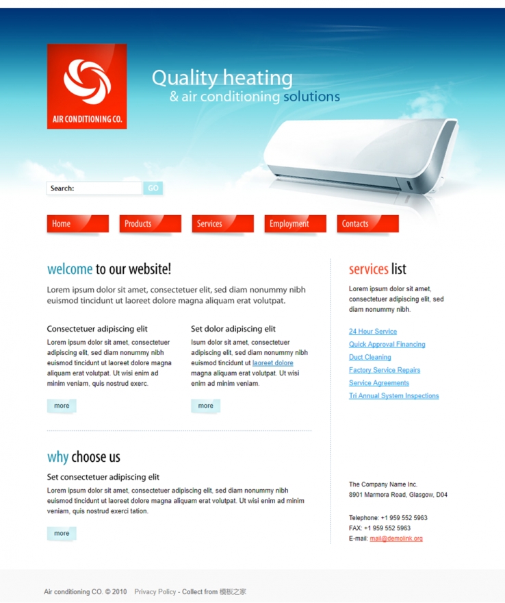 天空蓝清静素雅的空调企业网站模板下载