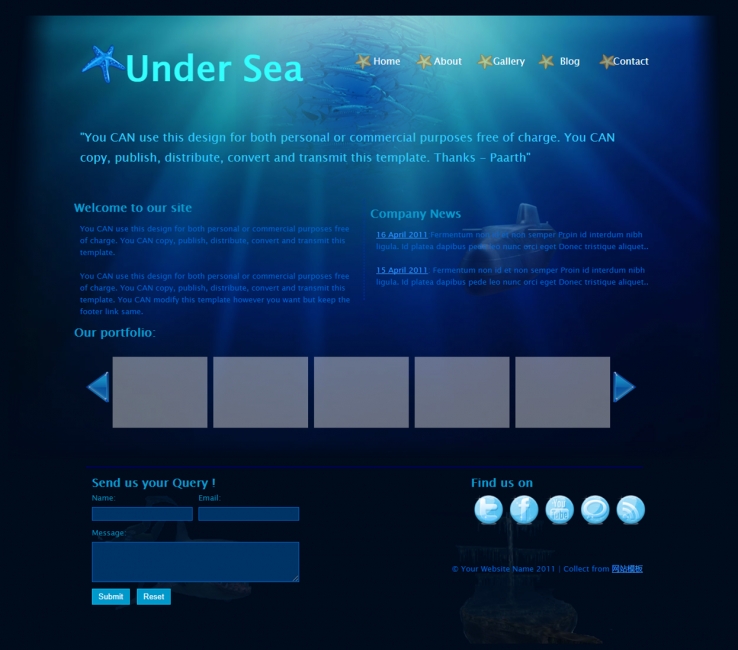 蓝色漂亮风格的深海捕鱼企业网站模板下载