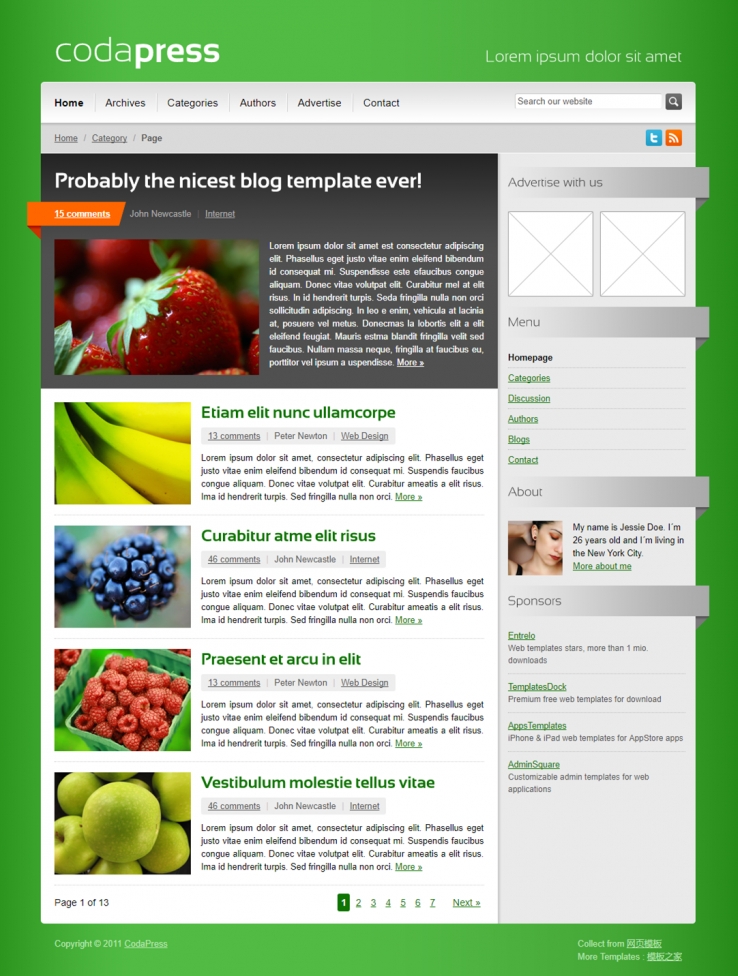 绿色高光精品的水果类企业博客模板下载