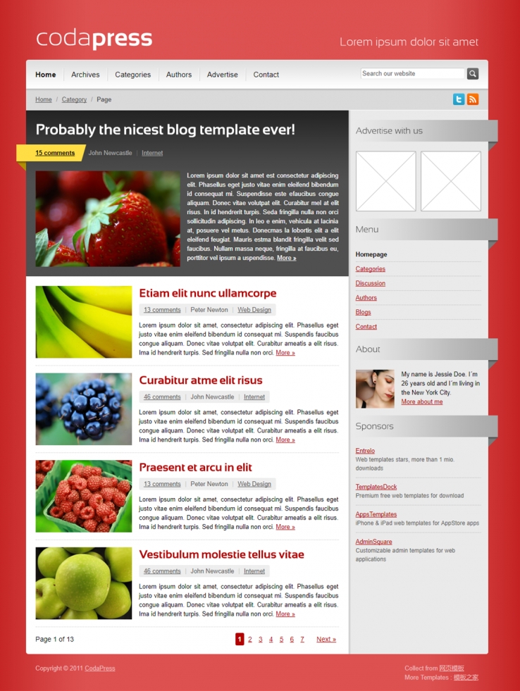 红色质感大气的企业博客网站模板下载