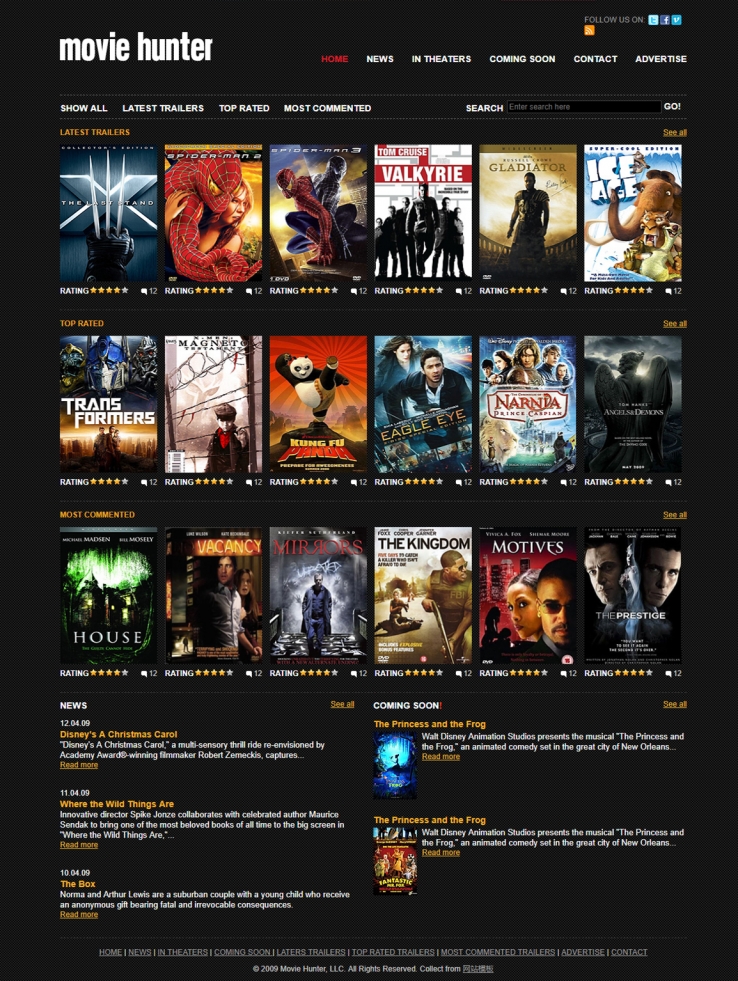 黑色纹理风格的电影视频类网站模板下载