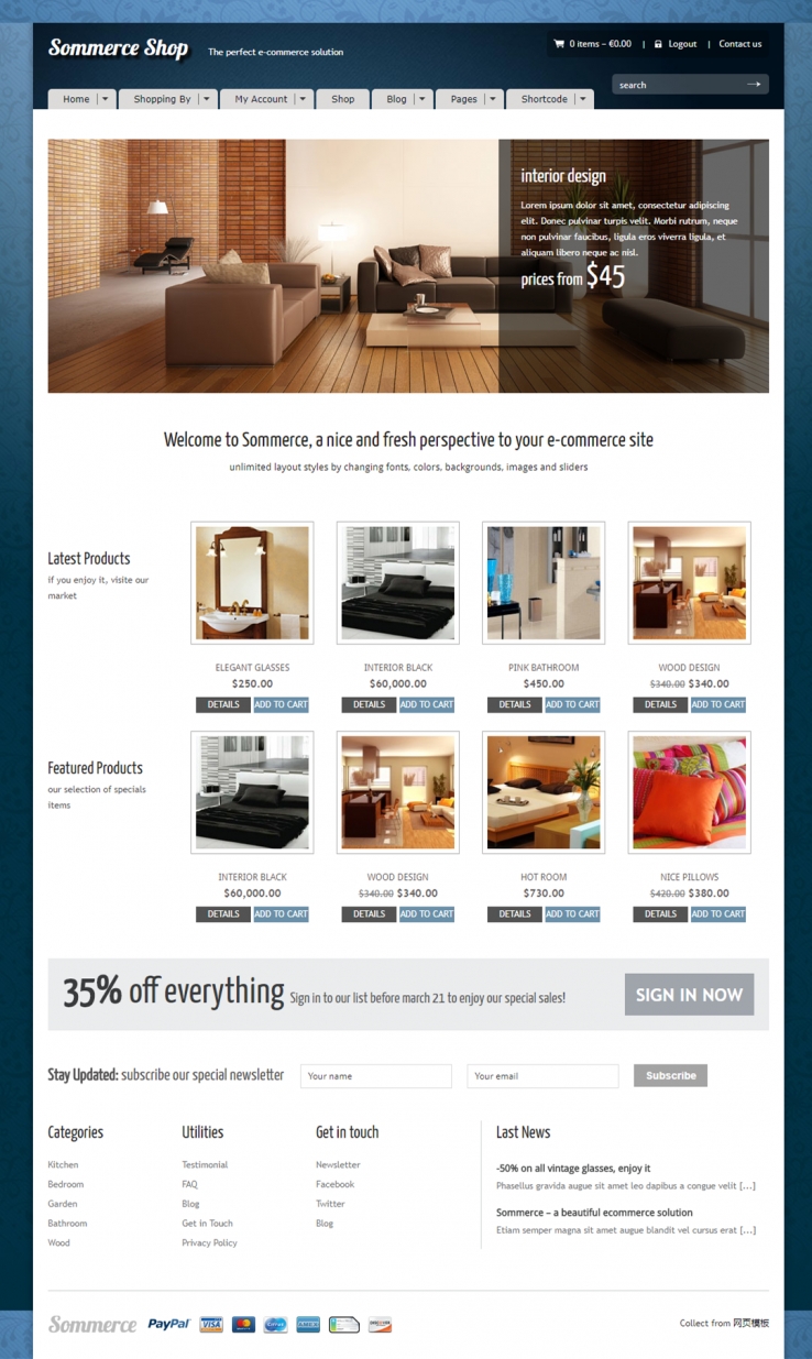 蓝色花纹时尚的家居网上商城网站模板下载