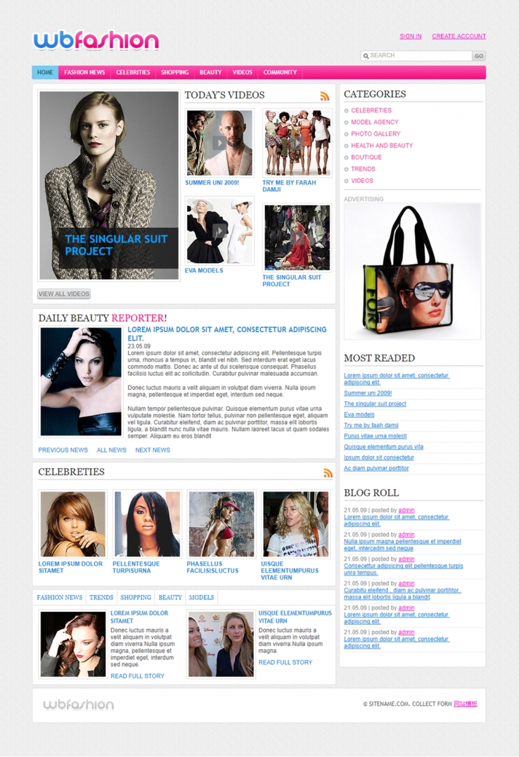 粉红色流行的时尚新闻杂志网站模板下载