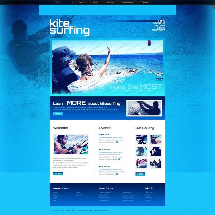 蓝色海洋背景的旅游冲浪专题网站模板下载
