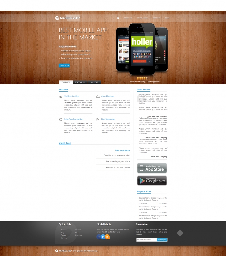 棕色木纹背景的手机APP应用软件网站模板下载