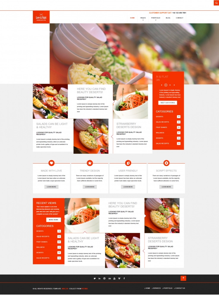 红色扁平风格设计的美食专题网站模板下载