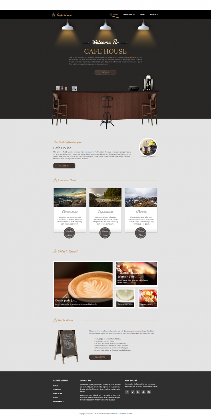 大气仿实物设计的咖啡屋网站模板下载