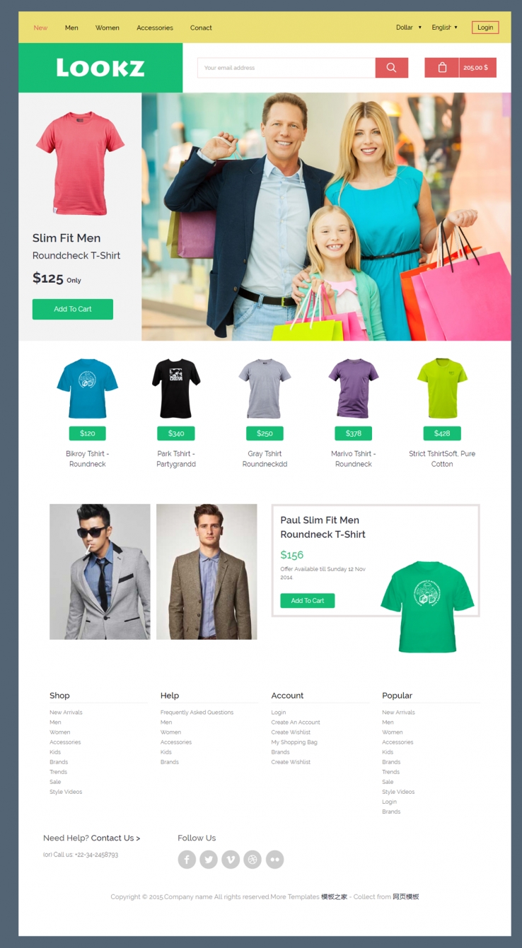 扁平化简洁风的T恤服装商城企业网站模板下载