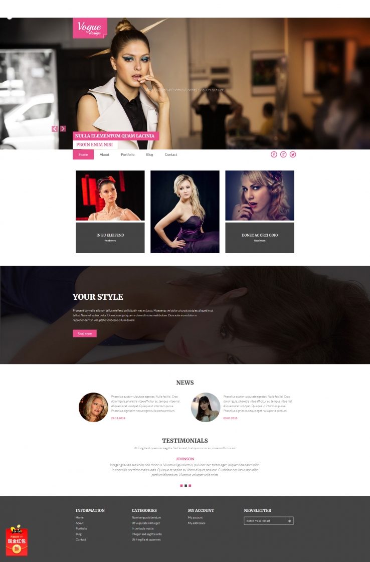 粉红色宽屏大气的时装模特企业网站模板下载