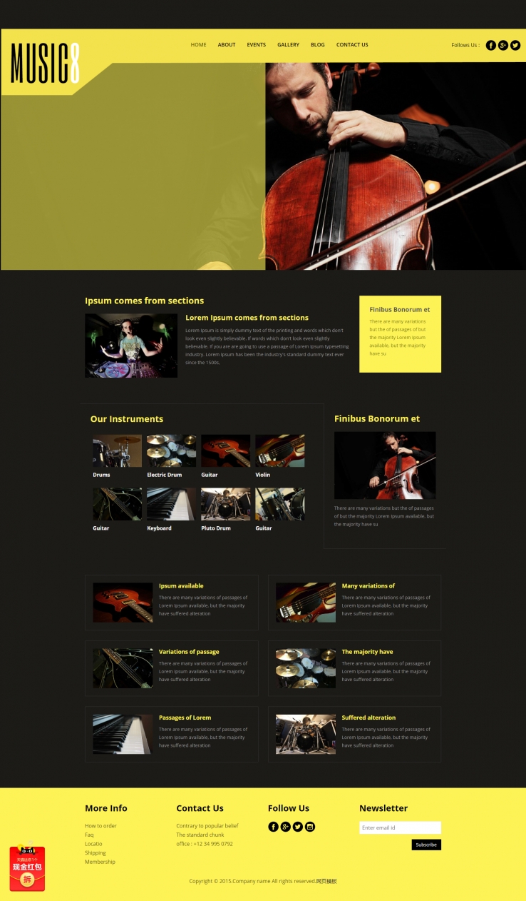 淡黄色的大提琴音乐演奏企业模板下载