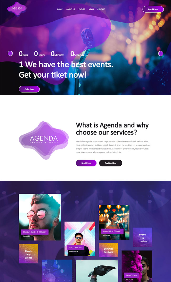 紫色精美风的活动演出专题网页模板下载