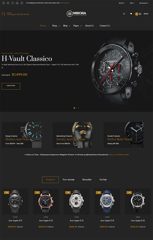 简洁炫酷风的奢侈品手表商城网站模板下载