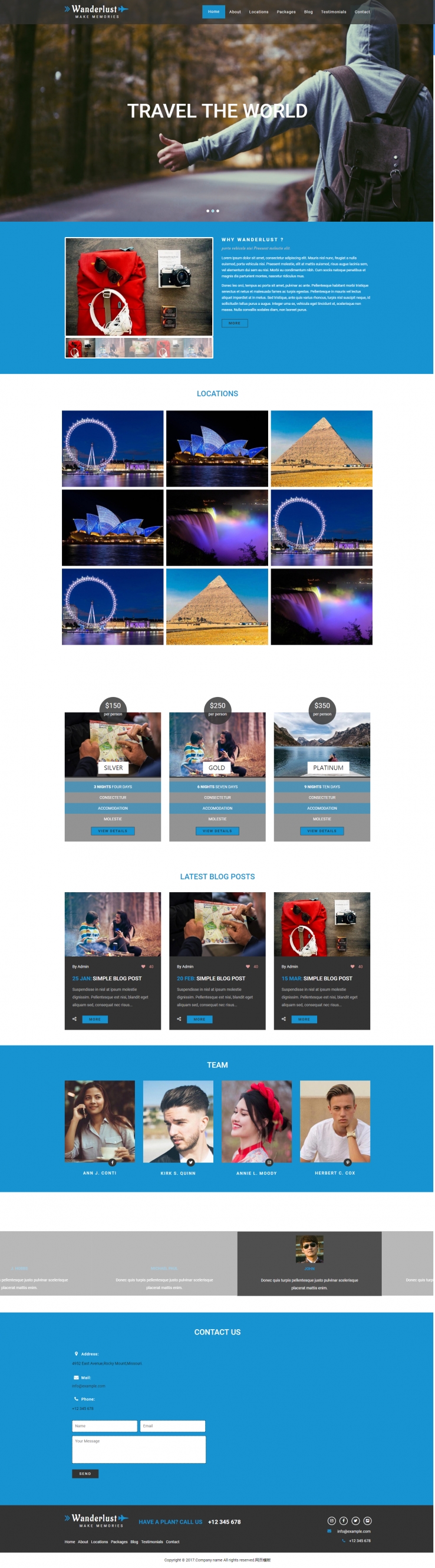 蓝色宽屏风格的背包旅行摄影企业网站模板