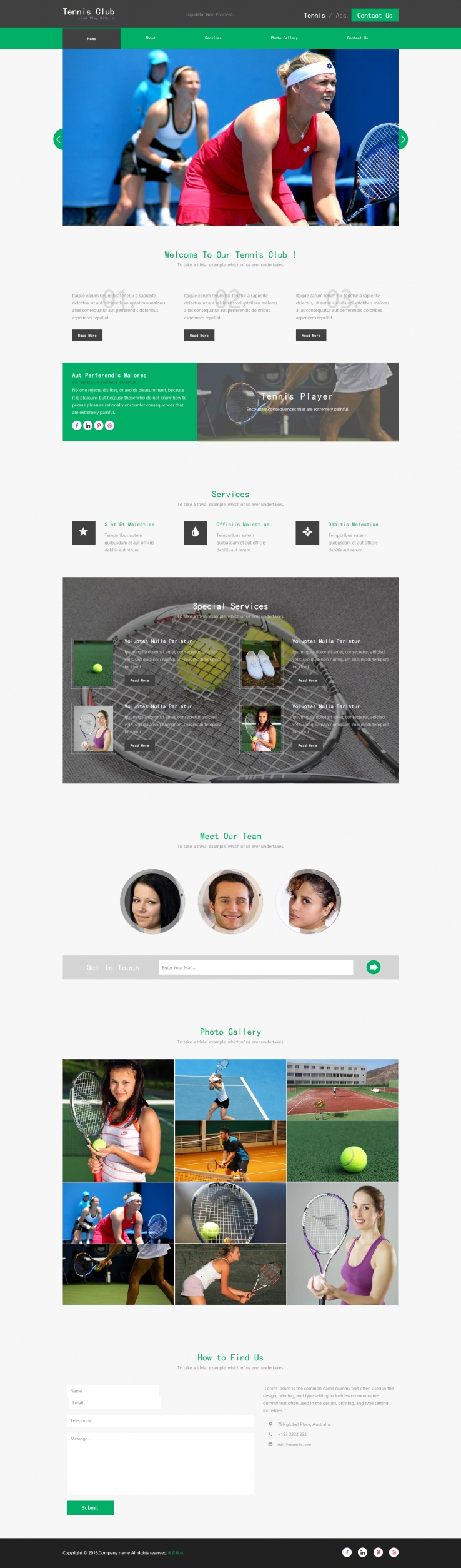 简洁绿色风格的网球协会模板下载