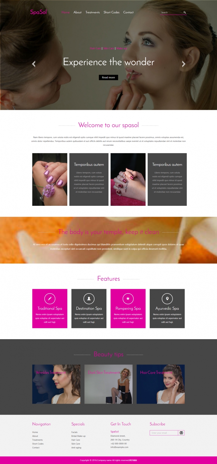 粉色宽屏风格的美容美甲企业网站模板