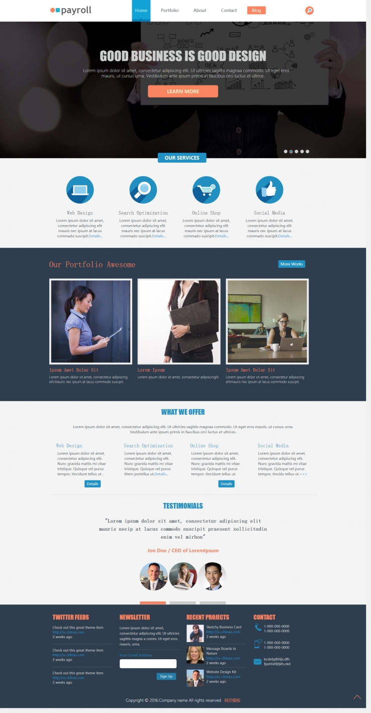蓝色扁平化风格的商务营销企业网站模板
