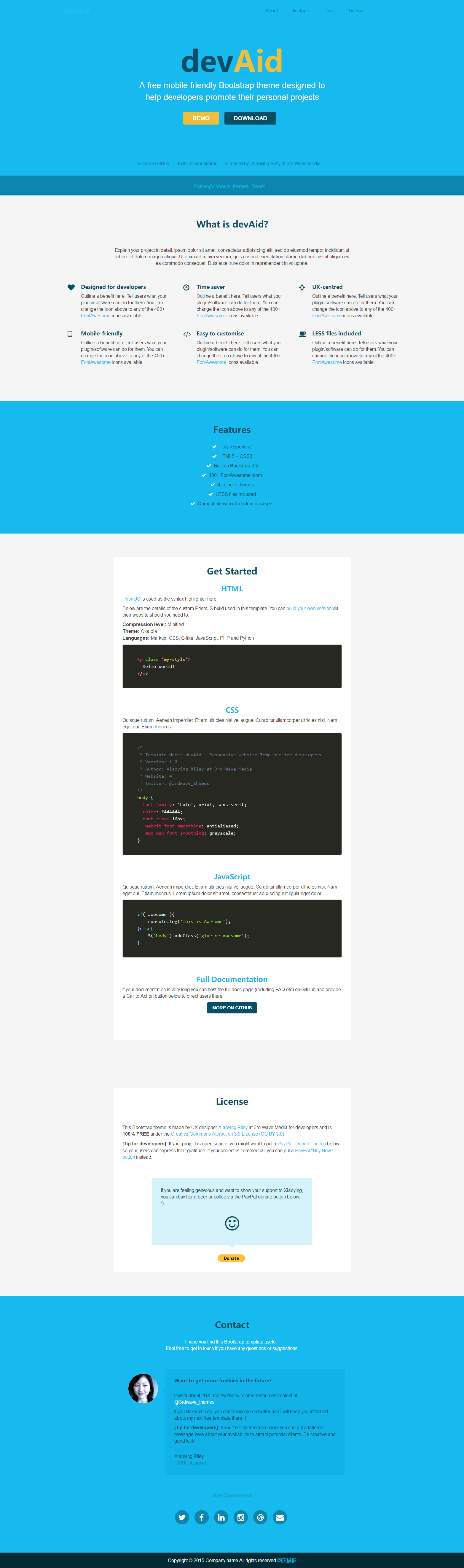 蓝色扁平化风格的开源技术HTML5模板