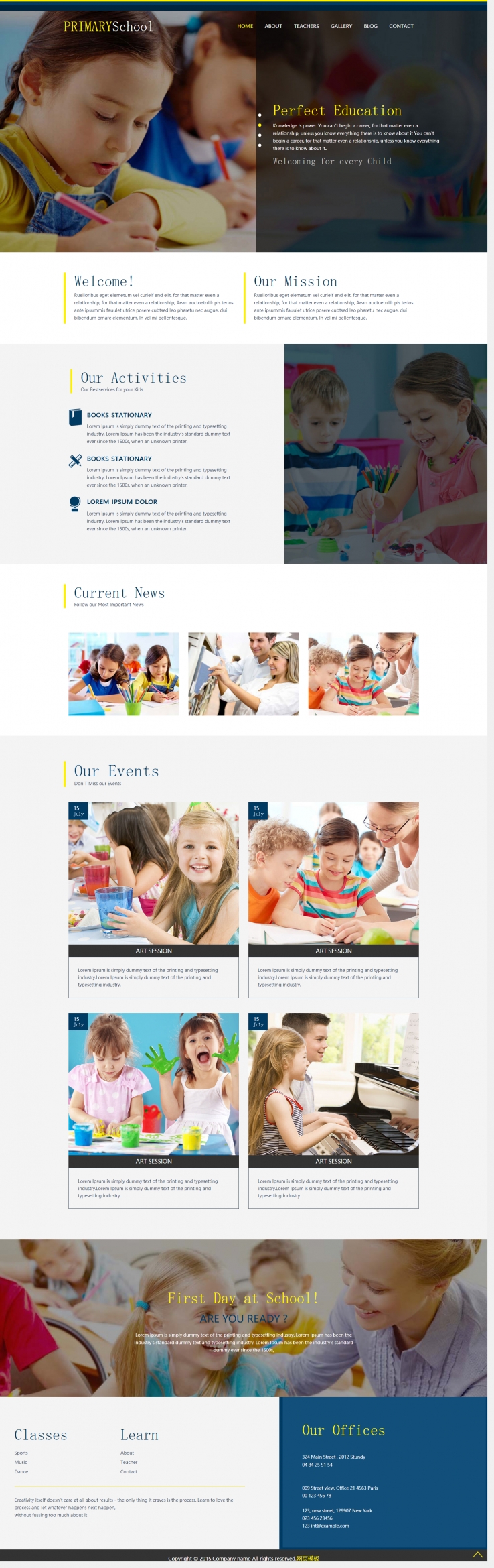 黄色扁平化风格的儿童教育类网站模板下载