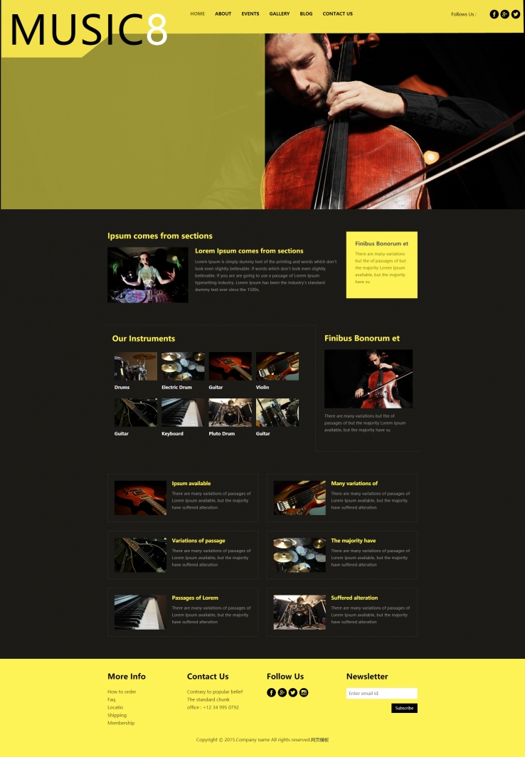 黄色精致风格的音乐网页模板下载