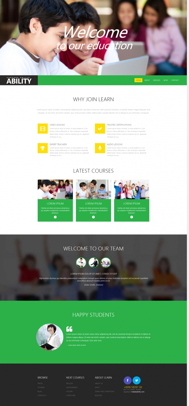 绿色可爱清新风的教育培训静态网站模板下载