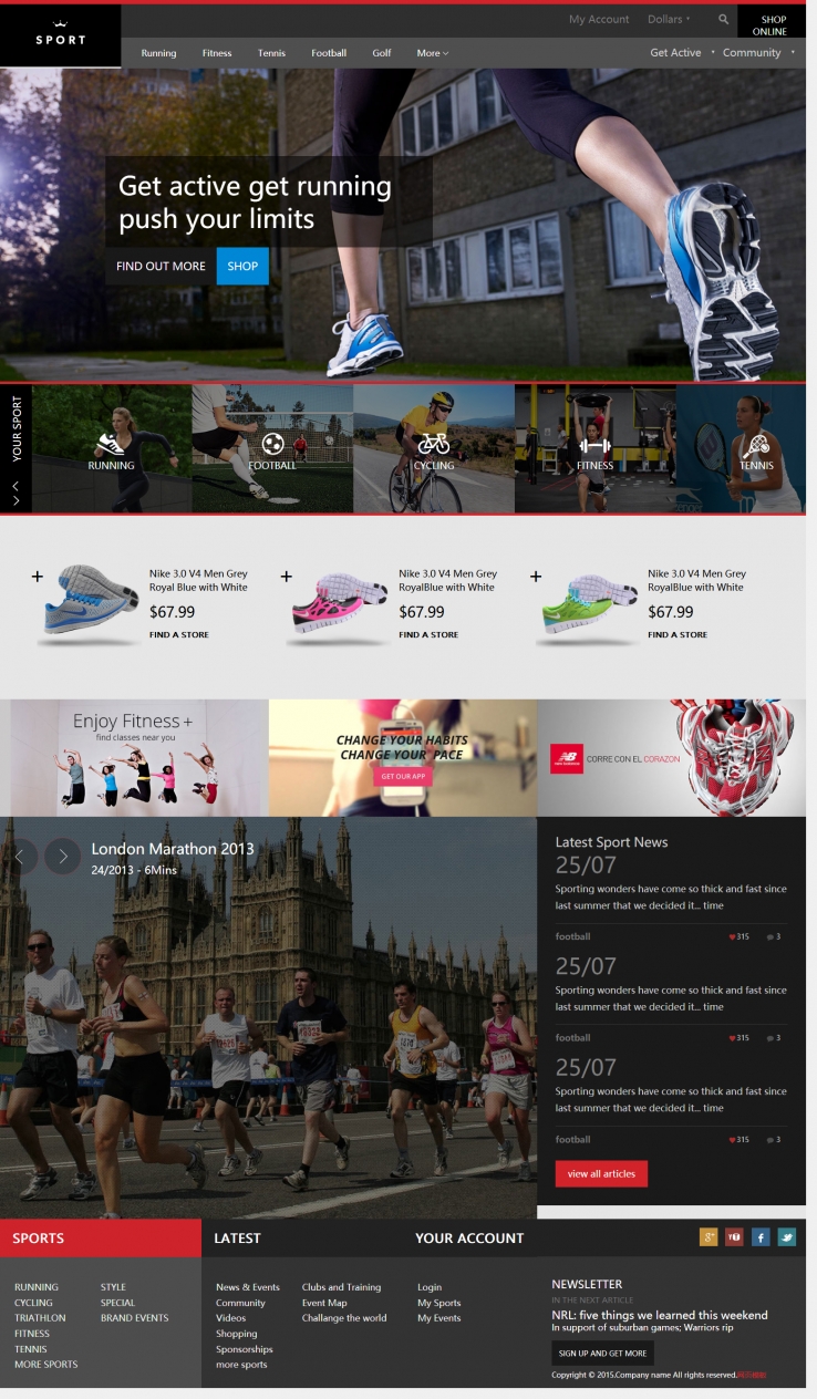 黑色扁平化风格的跑步运动鞋企业网站模板