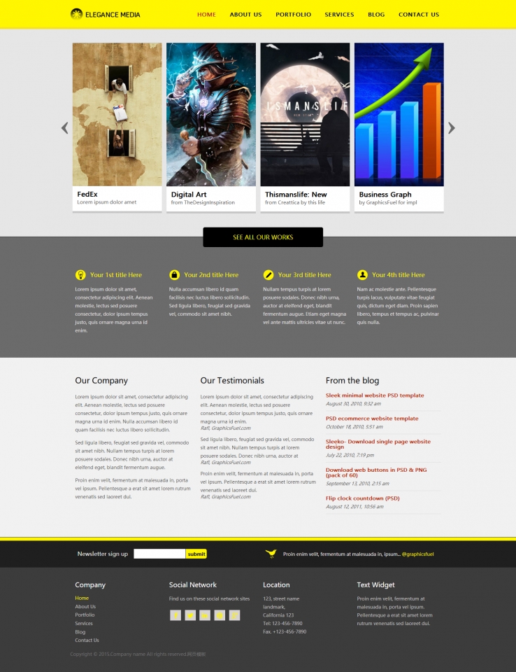 简洁黄色风格的设计作品展示网页模板下载