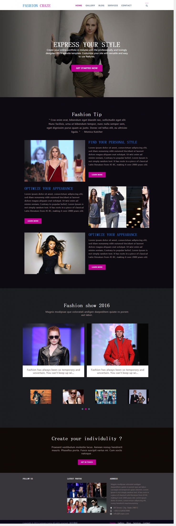 紫色扁平化风格的模特服装展企业网站模板