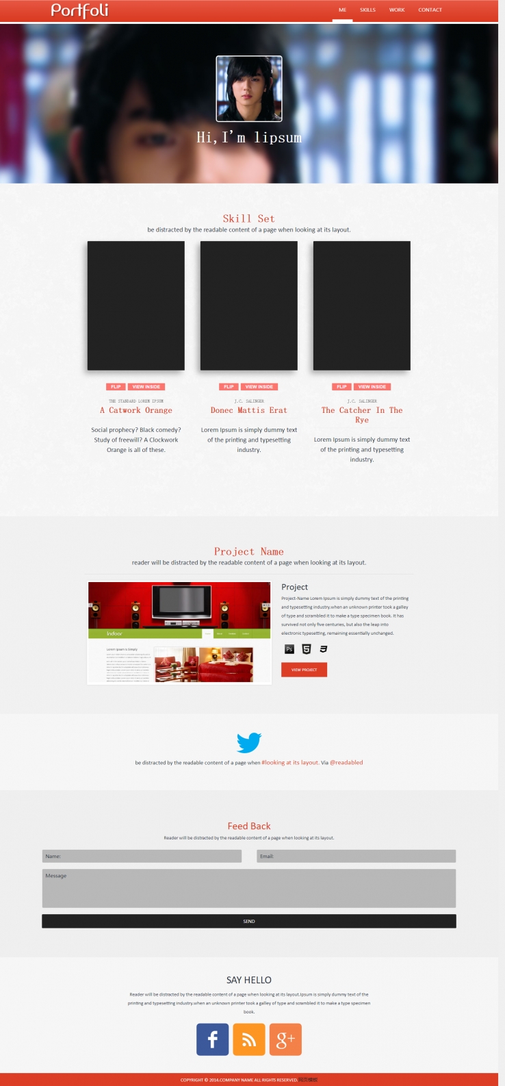 红色扁平化风格的3D书本展示网站模板下载