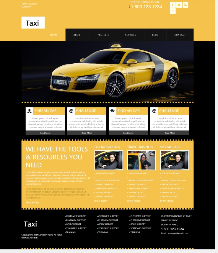 黄色大气风格的计程车企业网站模板
