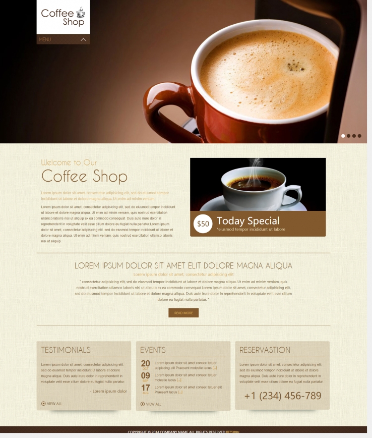 棕色扁平化风格的咖啡店HTML网站模板下载