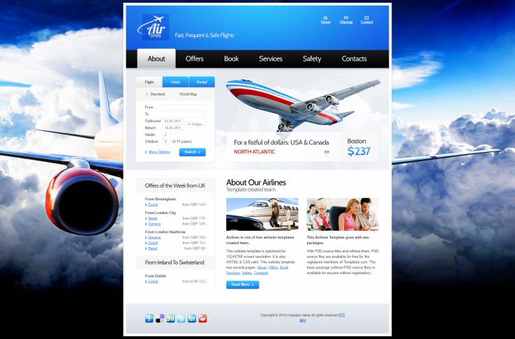 大气蓝色精致的航空公司网站模板下载
