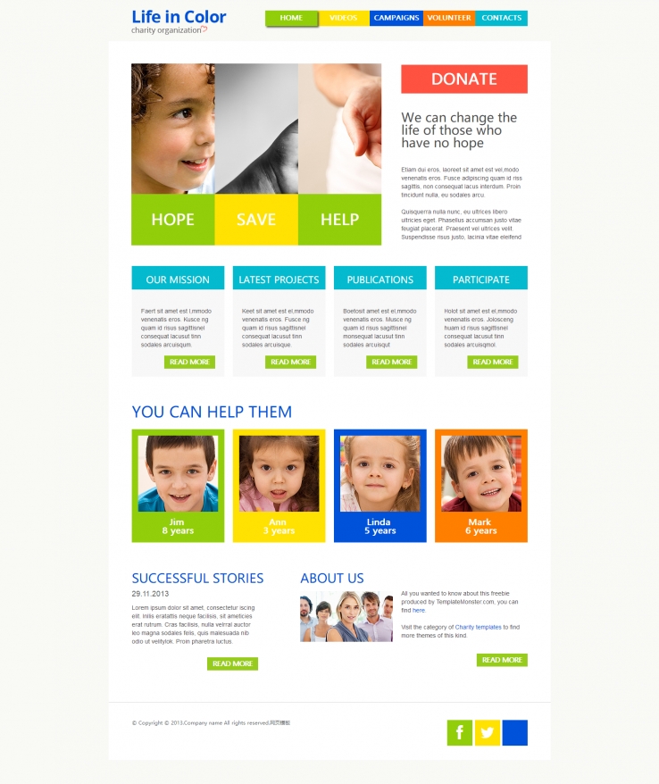 简洁彩色风格的志愿儿童教育网站模板下载